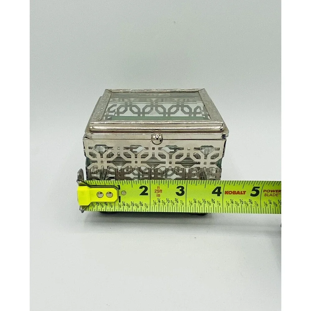 Cynthia Rowley Jewelry Box Silver Tone Filigree Pattern Beveled Glass New York